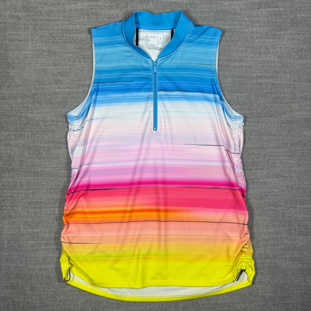 Lucky In Love Tropical Sublime Ombre Print Sleeveless Quarter Zip Shirt Small